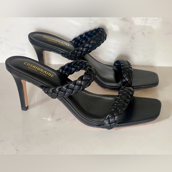 NEW Cushionaire Pippa Faux Leather Braid Strap Sandals Heels Square Toe Black 8 - Picture 3 of 10